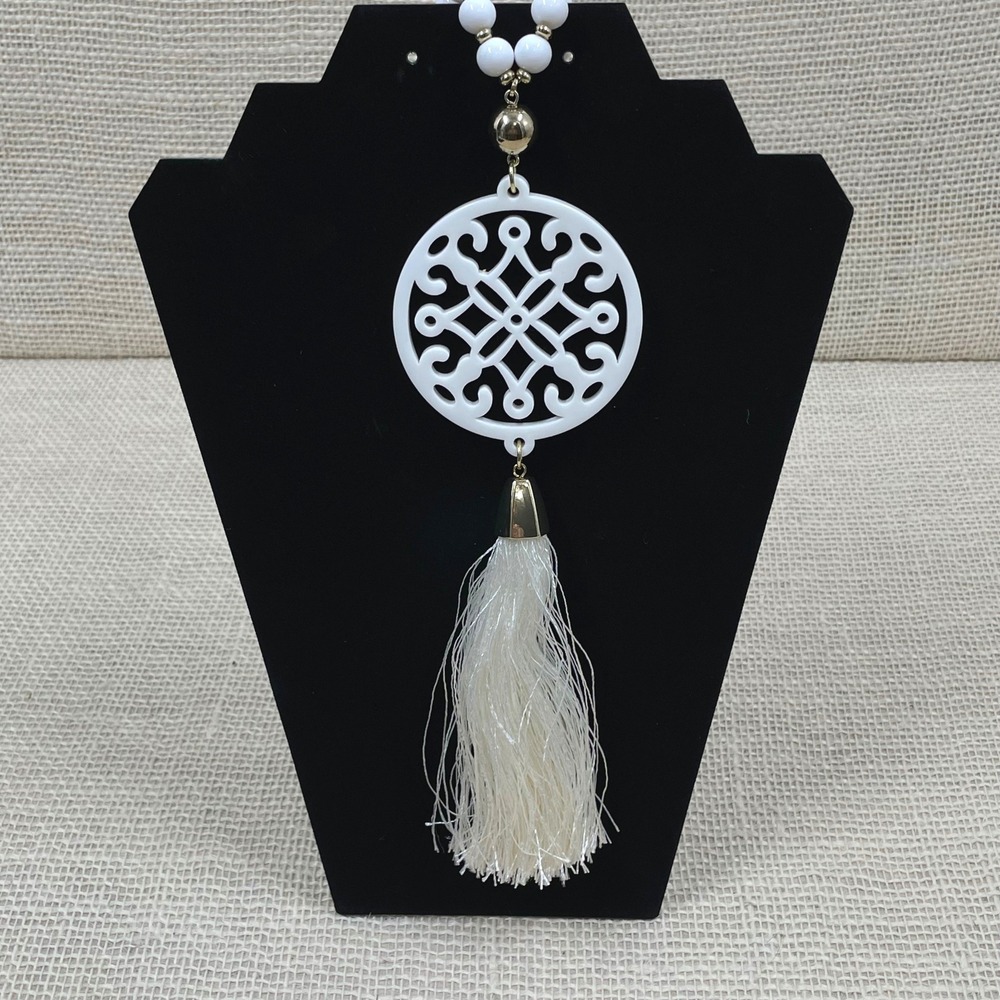 ZENZII White Round Filigree Tassel Necklace Gold Tone Beads Statement,‎ 36 in